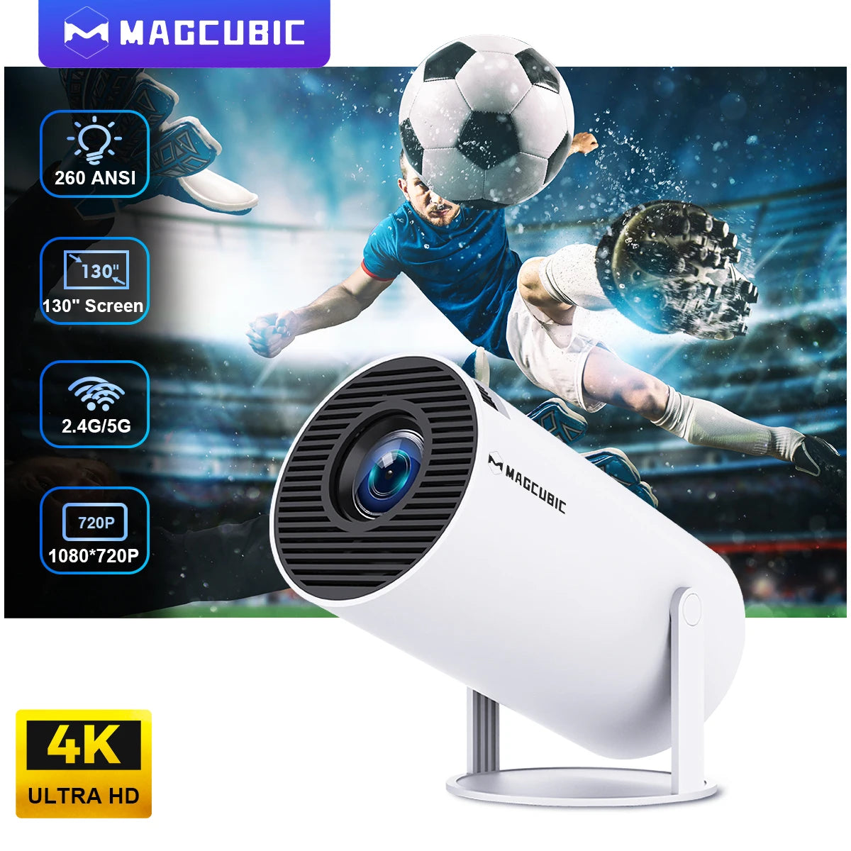 HY300 Pro 4K Android 11 Projector - 1280x720P, Dual WiFi, 260 ANSI Lumens, 180° Flexible, Bluetooth 5.0, Portable Outdoor Cinema